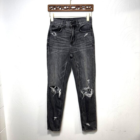 American Eagle Outfitters Denim - American Eagle Mom Jeans Black Dark Wash Distressed Casual Cotton Womens 00 Reg